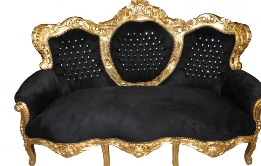 Casa Padrino Barock Sofa King im Antik Stil, Schwarz Gold mit Glitzersteinen, 184 x 125 x 81 cm