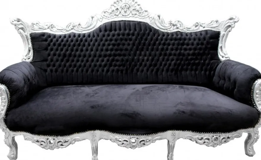 Casa Padrino Barock Sofa Master Schwarz / Silber - Breite 210 cm - Luxuriöse Couch im Antik Stil