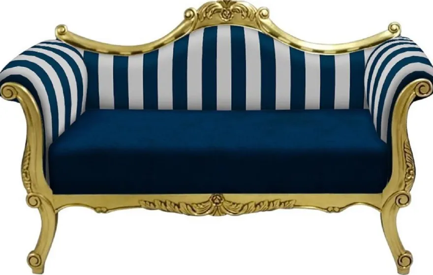 Casa Padrino Barock Sofa mit Streifen Blau / Weiß / Gold - Handgefertigtes Wohnzimmer Sofa im Barockstil - Barock Wohnzimmer Möbel