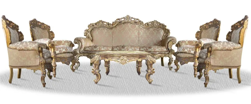 Casa Padrino Barock Sofa Set 3er Sofa 4 Sessel und Tisch mit Glasplatte - Antik Stil Gold 220 x 70 x 130 cm