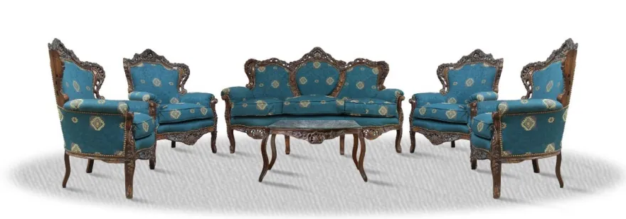 Casa Padrino Barock Sofa Set 3er Sofa 4 Sessel und Tisch mit Glasplatte - Antik Möbel