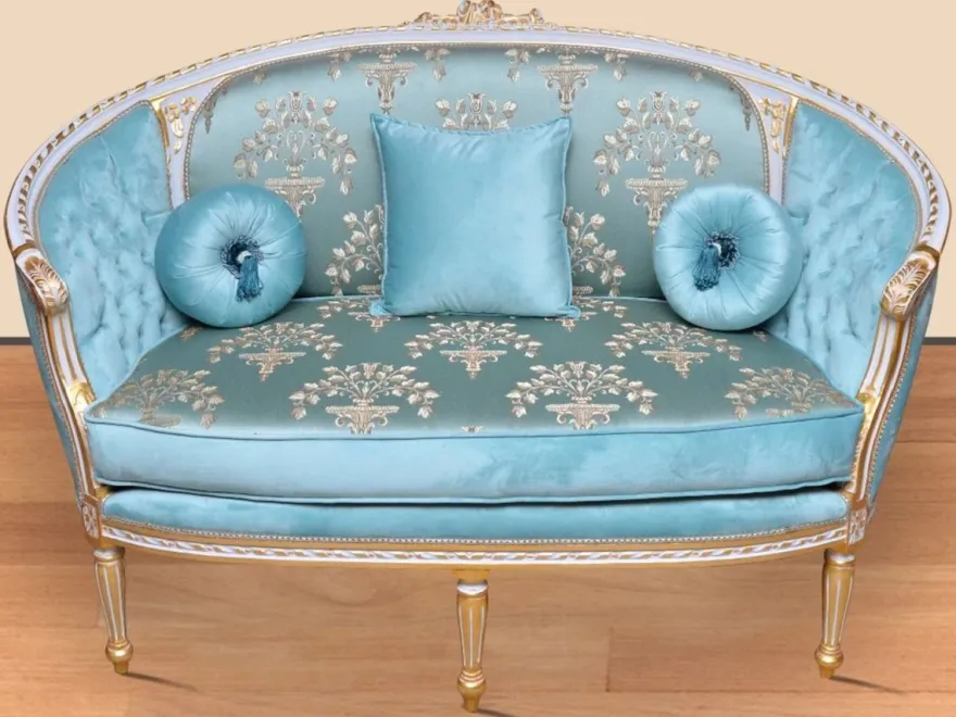 Casa Padrino Barock Sofa Türkis Muster / Weiß / Gold - Handgefertigtes Wohnzimmer Sofa im Barockstil - Prunkvolle Barock Wohnzimmer Möbel