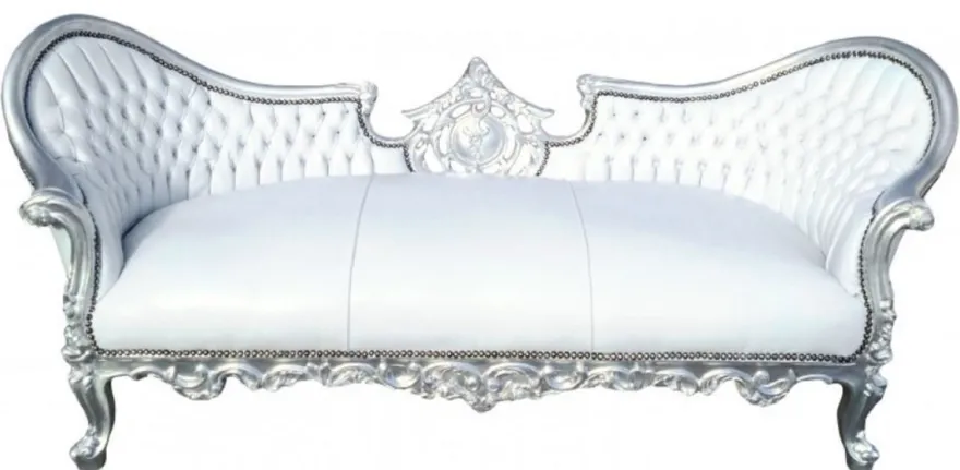 Casa Padrino Barock Sofa Vampire Weiß / Silber 200 x 75 x H. 82 cm - Handgefertigte Lounge Couch mit Lederoptik - Limited Edition - Barockmöbel