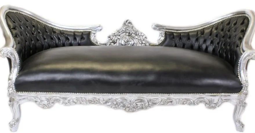 Casa Padrino Barock Sofa Vampire im Antik Stil, Schwarz Lederoptik und Silber, 200 x 75 x 82 cm