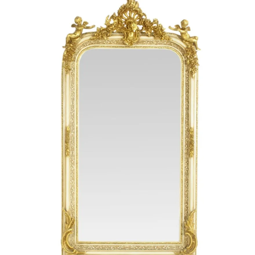 Casa Padrino Barock Spiegel Creme / Gold 85 x H. 160 cm - mit Engelsfiguren - Prunkvoller Wandspiegel im Barockstil - Antik Stil Garderoben Spiegel - Wohnzimmer Spiegel - Barock Möbel
