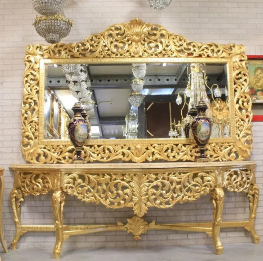 Casa Padrino Barock Spiegel Gold 210 x H. 150 cm - Riesiger handgefertigter Antik Stil Wandspiegel - Prunkvolle Barock Möbel