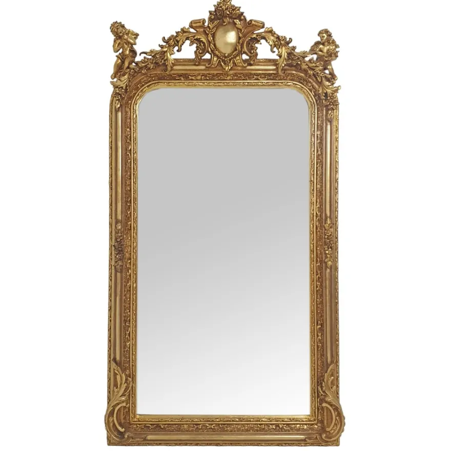 Casa Padrino Barock Spiegel Gold 85 x H. 160 cm - mit Kartusche und Engeln - Prunkvoller Wandspiegel im Barockstil - Antik Stil Garderoben Spiegel - Wohnzimmer Spiegel - Barock Möbel