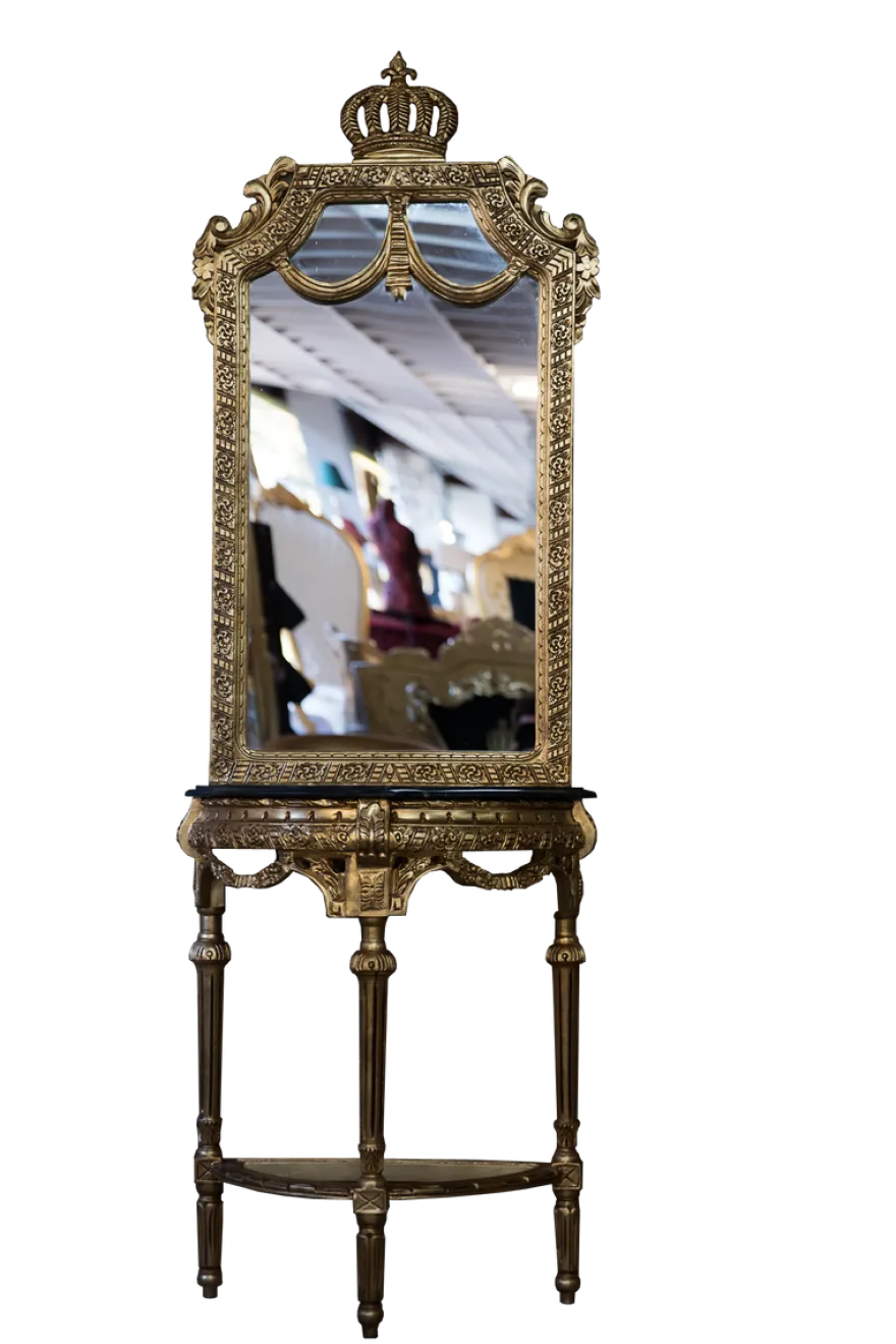Casa Padrino Barock Spiegelkonsole Pompöös von Harald Glööckler Gold / Schwarzer Marmor 73 x 40 x 220 cm