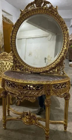 Casa Padrino Barock Spiegelkonsole mit Marmorplatte Gold / Grau - Prunkvolle Barock Konsole mit Spiegel - Handgefertigte Barock Möbel