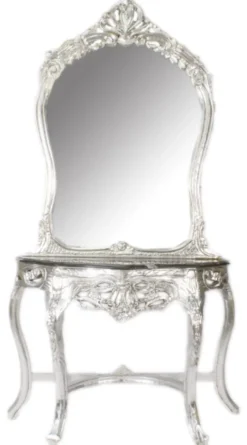 Casa Padrino Barock Spiegelkonsole im Antik Stil, Silber mit schwarzer Marmorplatte, 95 x 40 x H. 190 cm