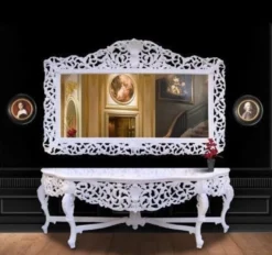 Casa Padrino Barock Spiegelkonsole Weiß mit weißer Marmorplatte, Massivholz, L 285 x H 100 x T 55 cm