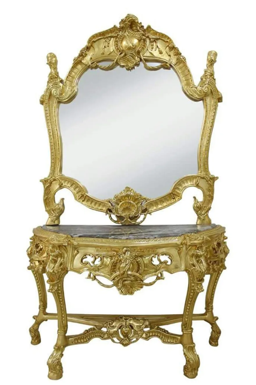 Casa Padrino Barock Spiegelkonsole mit Marmorplatte - Luxus Spiegelkonsole in Gold / Schwarz - 120 x 220 cm