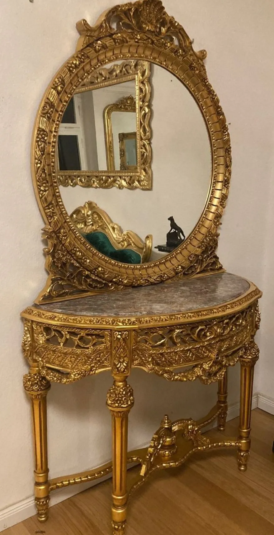 Casa Padrino Barock Spiegelkonsole mit Marmorplatte Gold / Grau - Prunkvolle Barock Konsole mit Spiegel - Garderoben Möbel Barockstil - Barock Möbel - Antik Stil Möbel - Edel & Prunkvoll