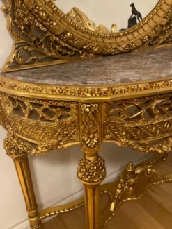 Casa Padrino Barock Spiegelkonsole mit Marmorplatte Gold / Grau - Prunkvolle Barock Konsole mit Spiegel - Garderoben Möbel Barockstil - Barock Möbel - Antik Stil Möbel - Edel & Prunkvoll