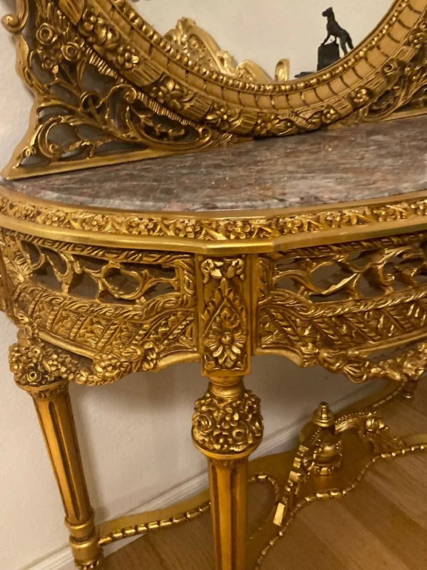 Casa Padrino Barock Spiegelkonsole mit Marmorplatte Gold / Grau - Prunkvolle Barock Konsole mit Spiegel - Garderoben Möbel Barockstil - Barock Möbel - Antik Stil Möbel - Edel & Prunkvoll