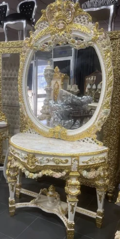 Casa Padrino Barock Spiegelkonsole mit Marmorplatte Weiß / Mehrfarbig / Gold - Prunkvolle Barock Konsole mit Spiegel - Garderoben Möbel Barockstil - Barock Möbel - Antik Stil Möbel