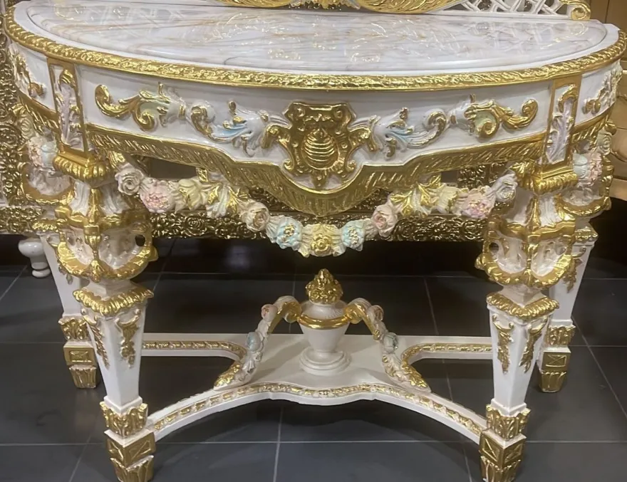 Casa Padrino Barock Spiegelkonsole mit Marmorplatte Weiß / Mehrfarbig / Gold - Prunkvolle Barock Konsole mit Spiegel - Garderoben Möbel Barockstil - Barock Möbel - Antik Stil Möbel