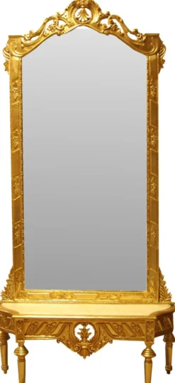 Casa Padrino Barock Spiegelkonsole - Garderobenkonsole Gold mit Marmorplatte und mit schönen Barock Verzierungen auf dem Spiegelglas Mod7 - Antik Look