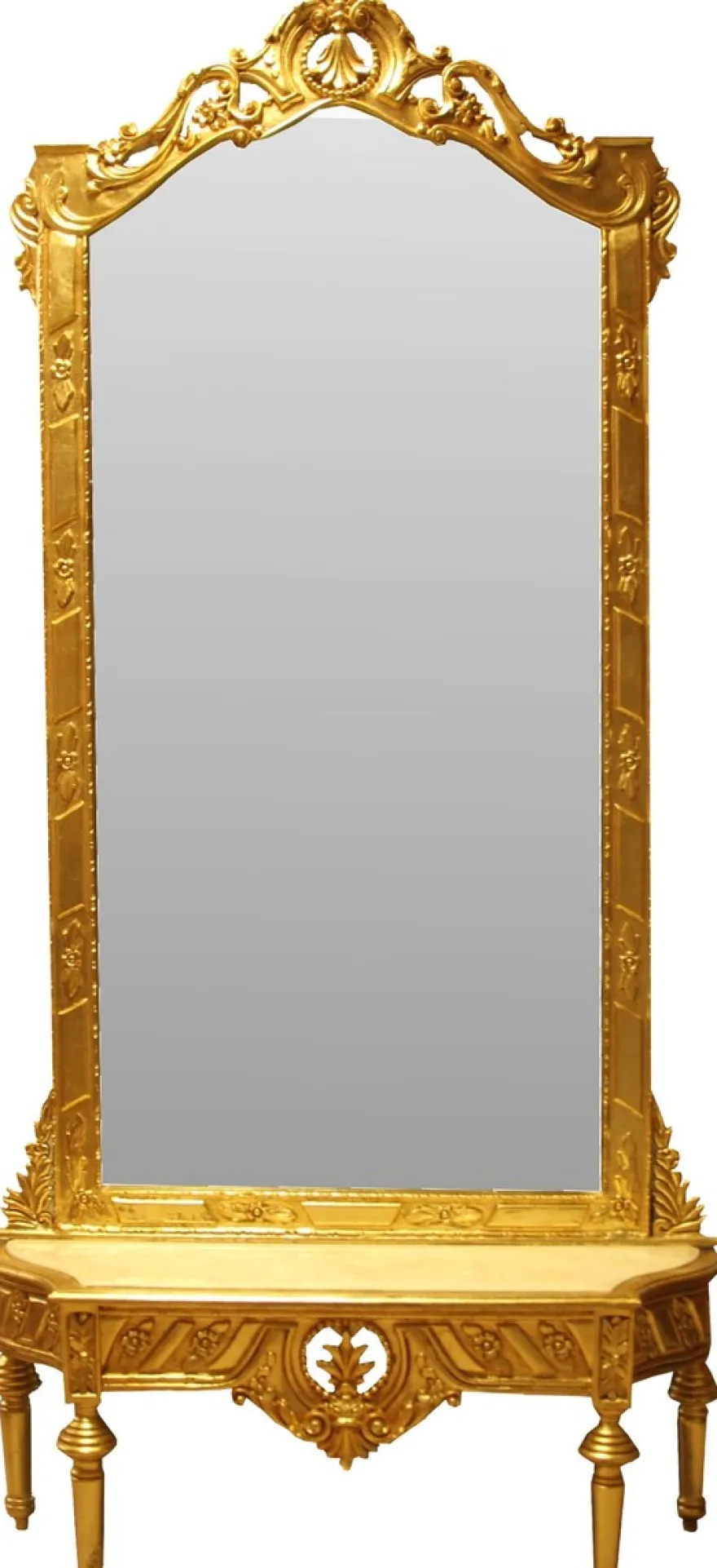 Casa Padrino Barock Spiegelkonsole - Garderobenkonsole Gold mit Marmorplatte und mit schönen Barock Verzierungen auf dem Spiegelglas Mod7 - Antik Look