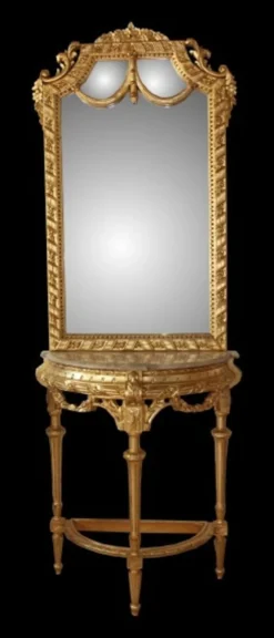 Casa Padrino Barock Spiegelkonsole mit Marmorplatte in Gold, Antik Look, Gesamthöhe 210 cm