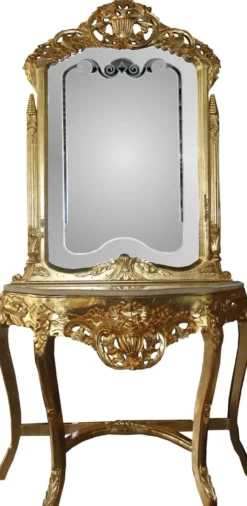 Casa Padrino Barock Spiegelkonsole Gold mit Marmorplatte und mit schönen Barock Verzierungen auf dem Spiegelglas Mod6 - Antik Look