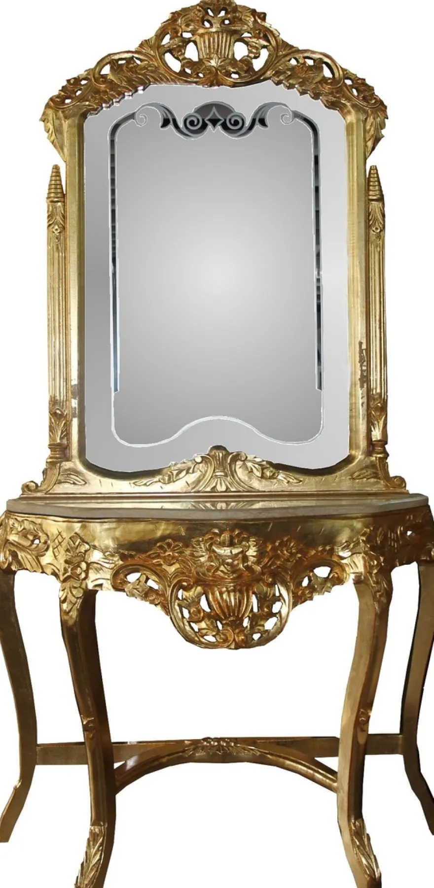 Casa Padrino Barock Spiegelkonsole Gold mit Marmorplatte und mit schönen Barock Verzierungen auf dem Spiegelglas Mod6 - Antik Look