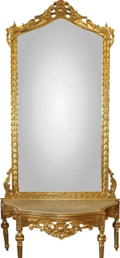 Casa Padrino Barock Spiegelkonsole - Garderobenkonsole Gold mit Marmorplatte und mit schönen Barock Verzierungen auf dem Spiegelglas Mod8 - Antik Look