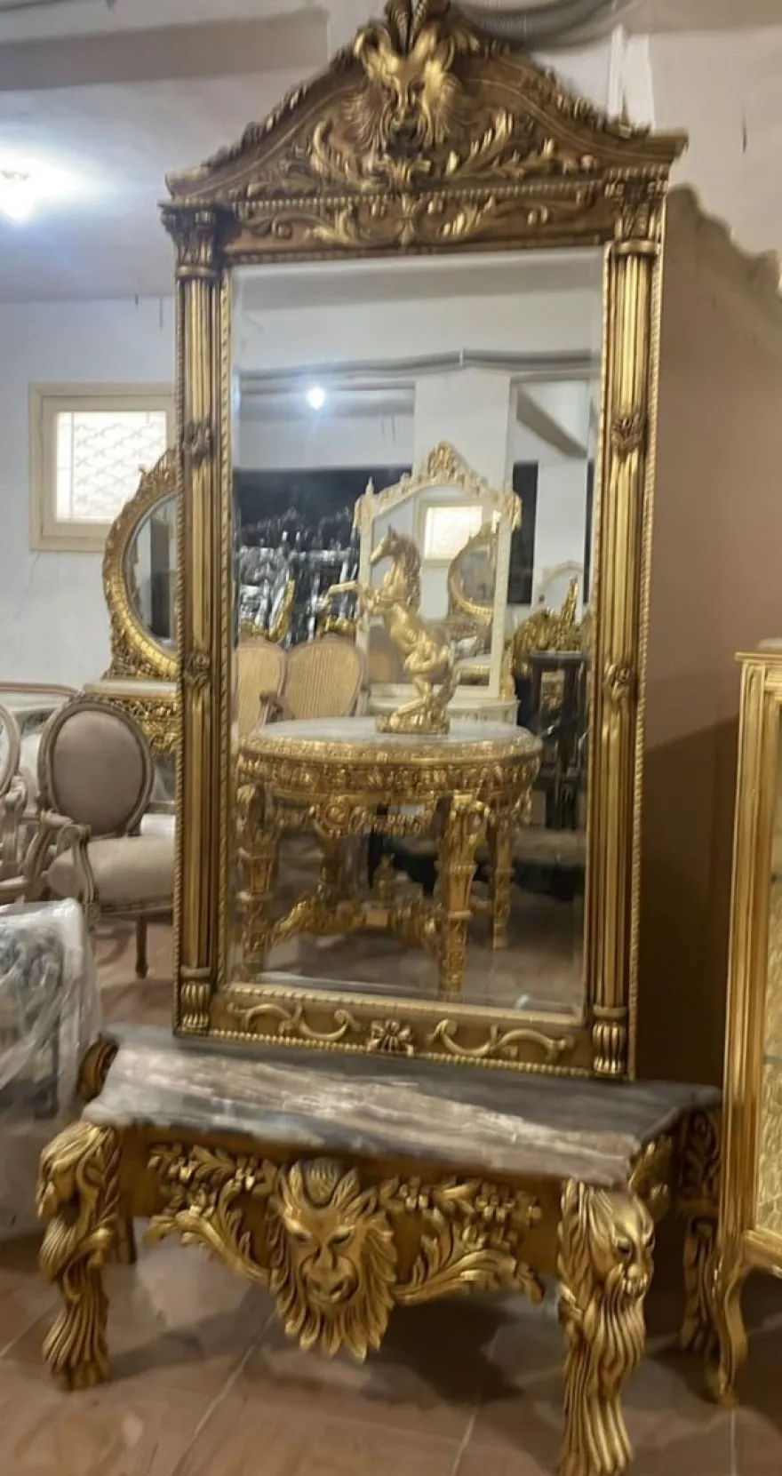 Casa Padrino Barock Spiegelkonsole mit Marmorplatte Gold / Grau - Barock Konsole mit Spiegel - Barock Möbel - Edel & Prunkvoll