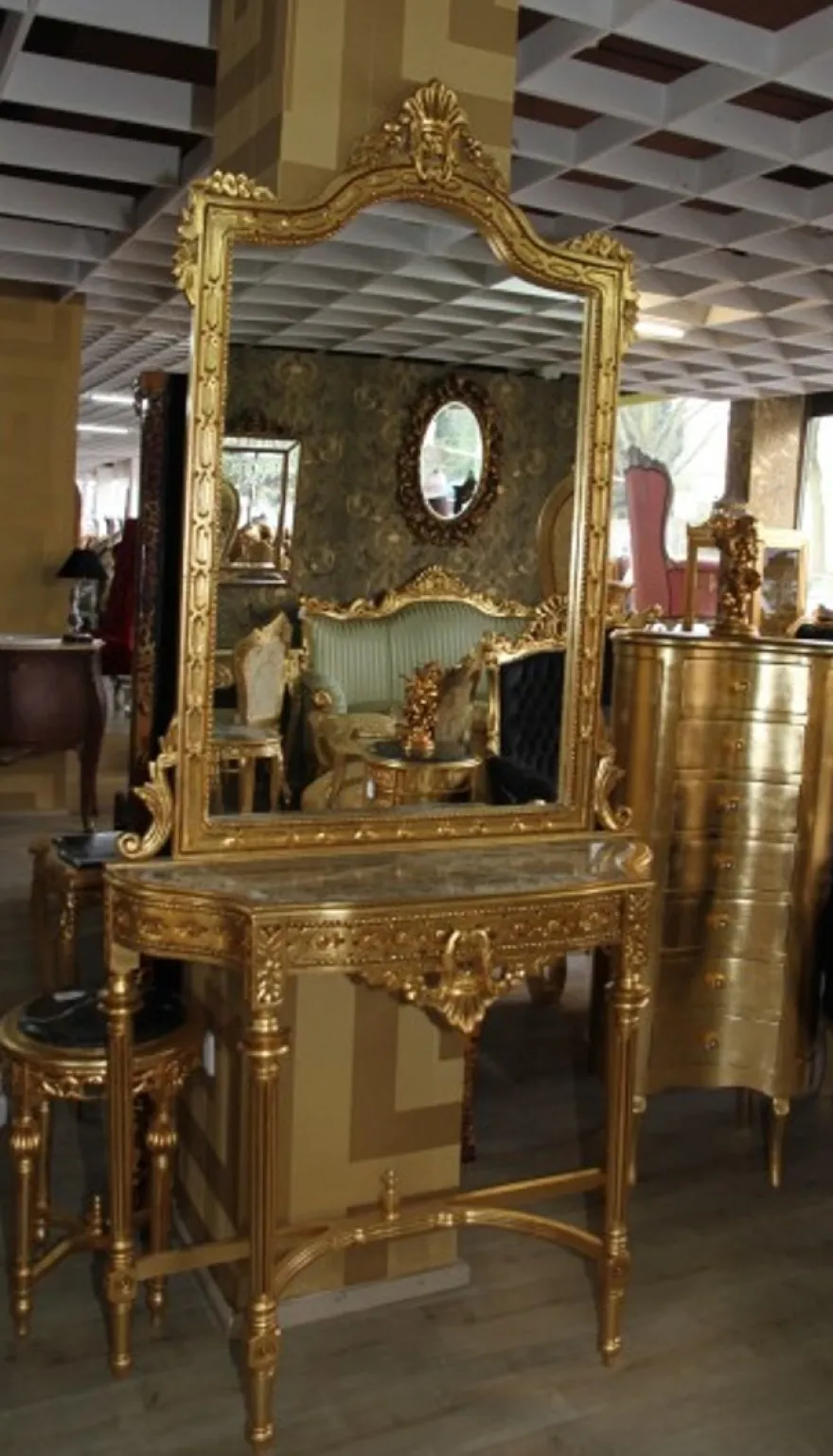 Casa Padrino Barock Spiegelkonsole mit Marmorplatte in Gold, Antik Look, 212 x 102 x 34 cm