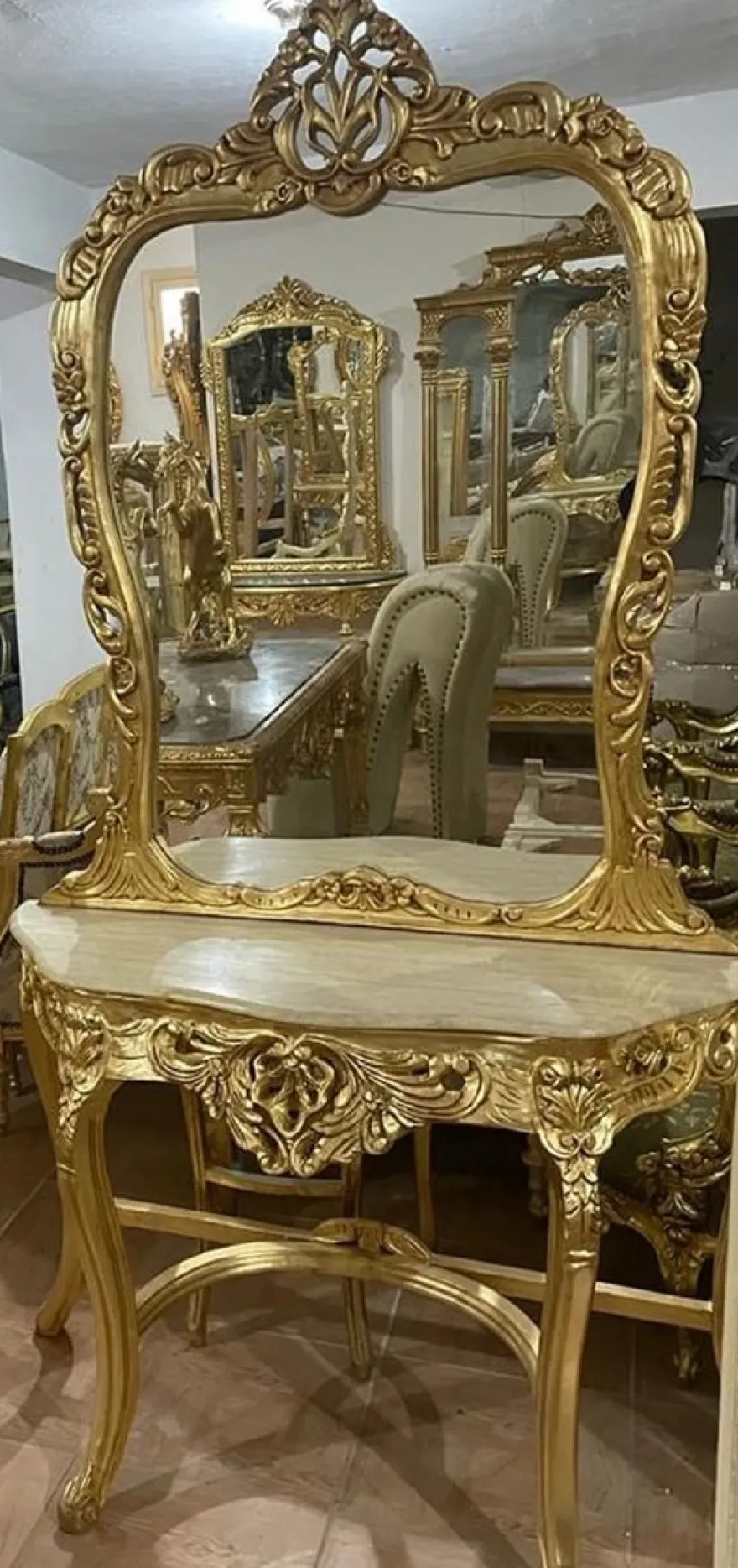 Casa Padrino Barock Spiegelkonsole mit Marmorplatte Gold / Cremefarben - Handgefertigte Barock Konsole mit Spiegel - Barock Möbel - Edel & Prunkvoll