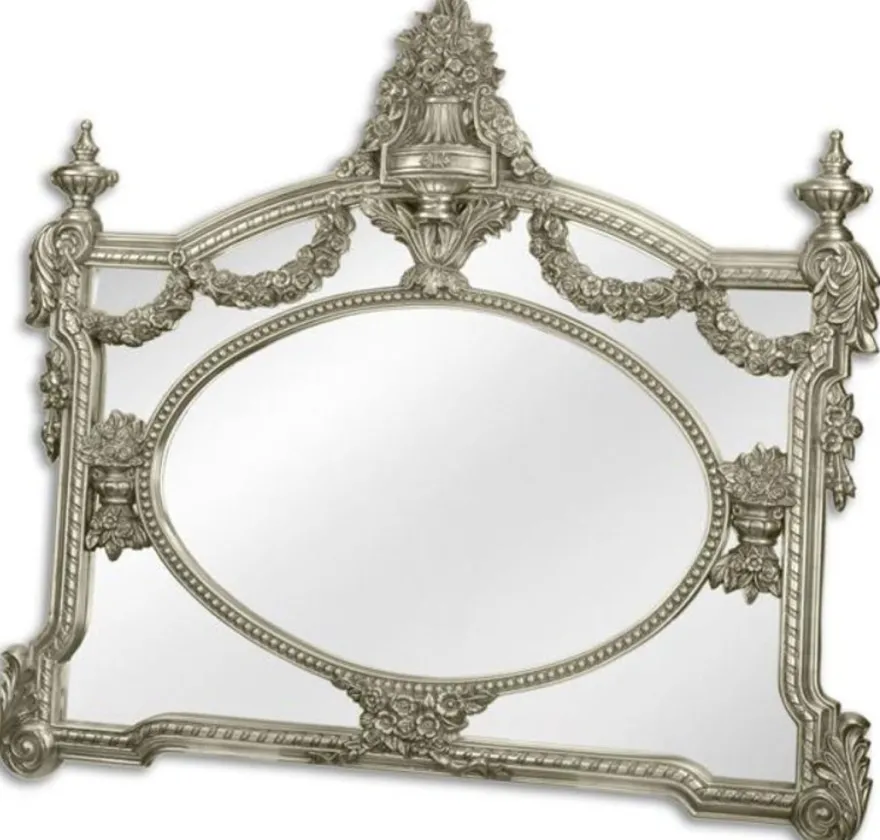 Casa Padrino Barock Spiegel Silber 131 x H. 116,5 cm - Garderoben Spiegel - Wohnzimmer Spiegel - Prunkvoller Wandspiegel im Barockstil