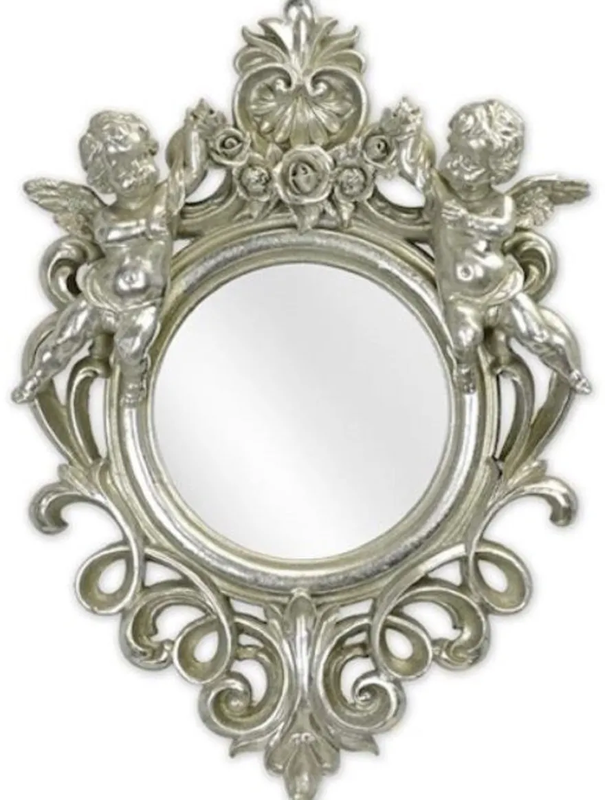 Casa Padrino Barock Spiegel Silber 35,8 x H. 51 cm - Antik Stil Wandspiegel mit dekorativen Engelsfiguren - Wohnzimmer Spiegel - Garderoben Spiegel - Barock Möbel