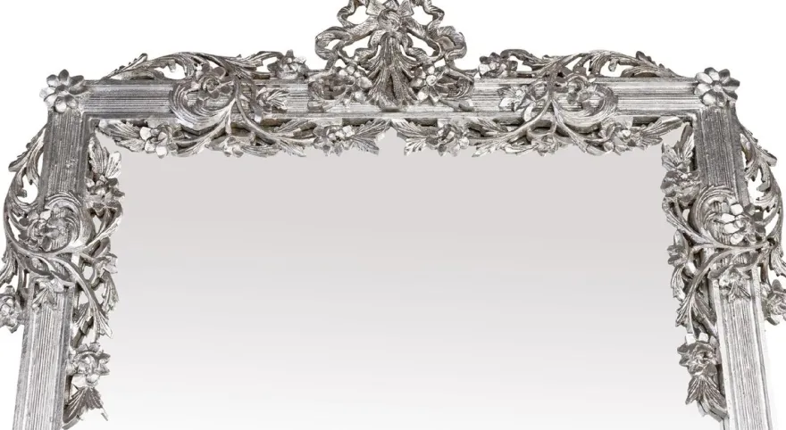 Casa Padrino Barock Spiegel Silber 112 x 6 x H. 224 cm - Prunkvoller Wandspiegel mit eleganten Verzierungen - Barock Garderoben Spiegel - Barockstil Wandspiegel - Barock Möbel - Edel & Prunkvoll