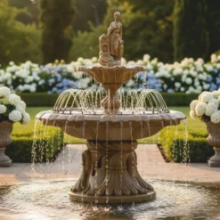 Casa Padrino Barock Springbrunnen Braun Ø 145 x H. 215 cm - Prunkvoller Gartenbrunnen