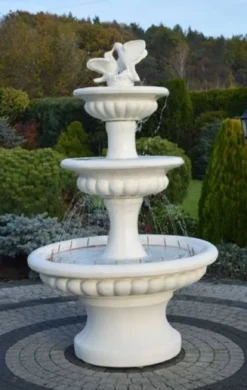 Casa Padrino Barock Springbrunnen mit 2 dekorativen Tauben Weiß Ø 120 x H. 186 cm - Prunkvoller Gartenbrunnen im Barockstil - Runder Gartendeko Stein Brunnen - Barock Garten Deko Accessoires