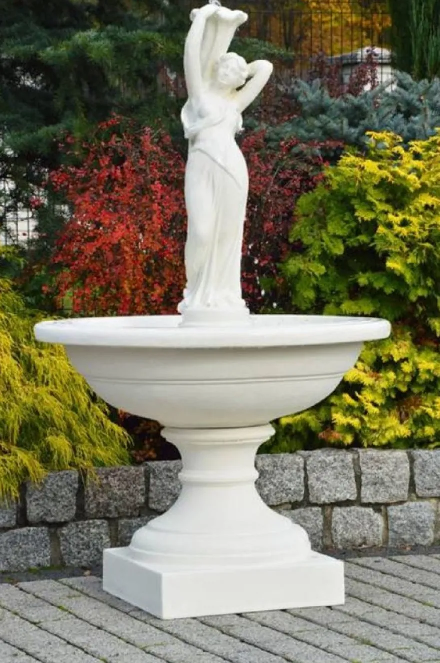 Casa Padrino Barock Springbrunnen Weiß Ø 102 x H. 171 cm - Prunkvoller Gartenbrunnen im Barockstil - Runder Gartendeko Stein Brunnen - Barock Garten Deko Accessoires
