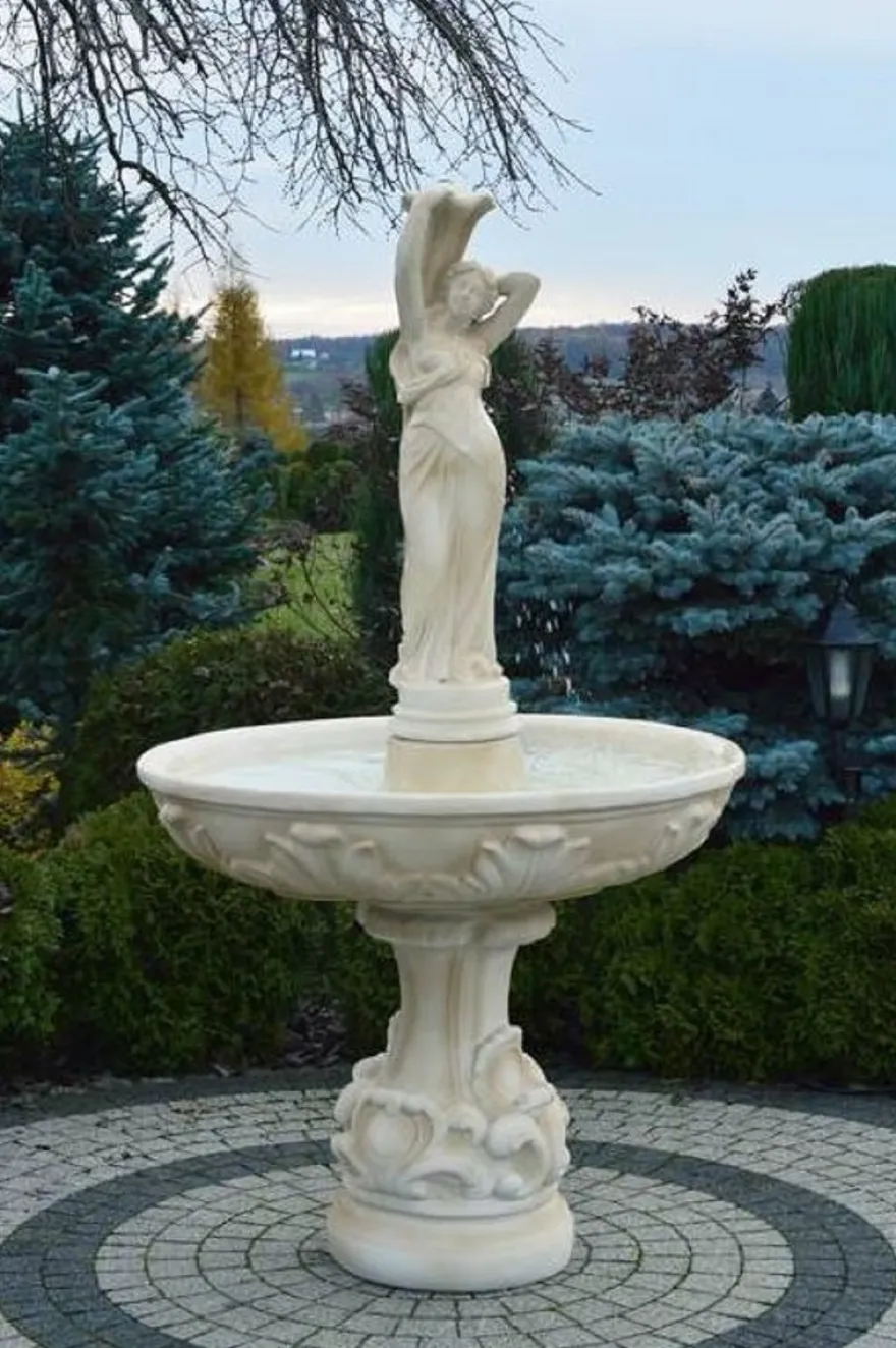 Casa Padrino Barock Springbrunnen Sandfarben Ø 110 x H. 180 cm - Prunkvoller Gartenbrunnen im Barockstil - Runder Gartendeko Stein Brunnen - Barock Garten Deko Accessoires