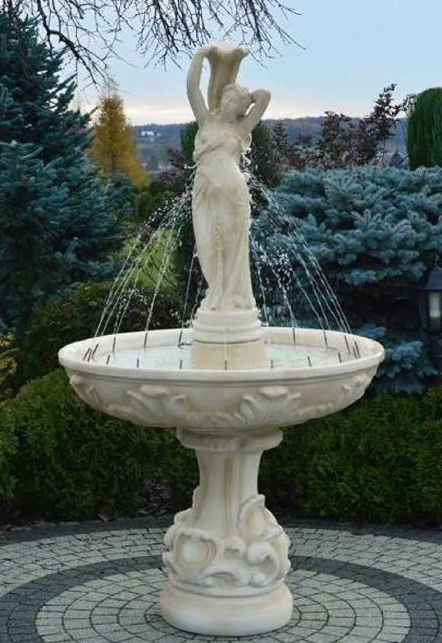 Casa Padrino Barock Springbrunnen Sandfarben Ø 110 x H. 180 cm - Prunkvoller Gartenbrunnen im Barockstil - Runder Gartendeko Stein Brunnen - Barock Garten Deko Accessoires