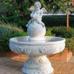 Casa Padrino Barock Springbrunnen Engel Grau Ø 125 x H. 153 cm - Runder Gartenbrunnen im Barockstil - Runder Gartendeko Brunnen - Barock Garten Deko Accessoires - Luxus Qualität - Made in Italy