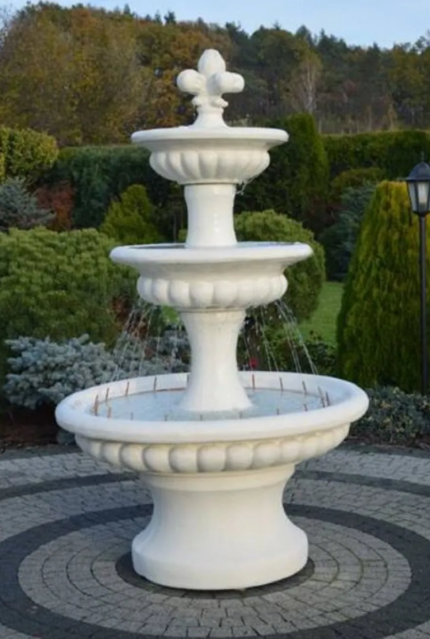 Casa Padrino Barock Springbrunnen Weiß Ø 120 x H. 205 cm - Prunkvoller Gartenbrunnen im Barockstil - Runder Gartendeko Stein Brunnen - Barock Garten Deko Accessoires