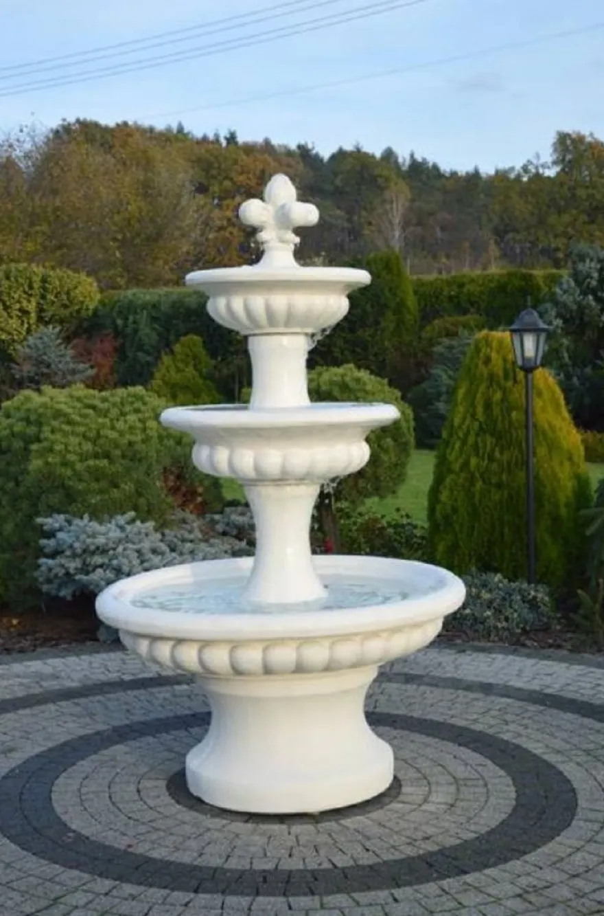 Casa Padrino Barock Springbrunnen Weiß Ø 120 x H. 205 cm - Prunkvoller Gartenbrunnen im Barockstil - Runder Gartendeko Stein Brunnen - Barock Garten Deko Accessoires