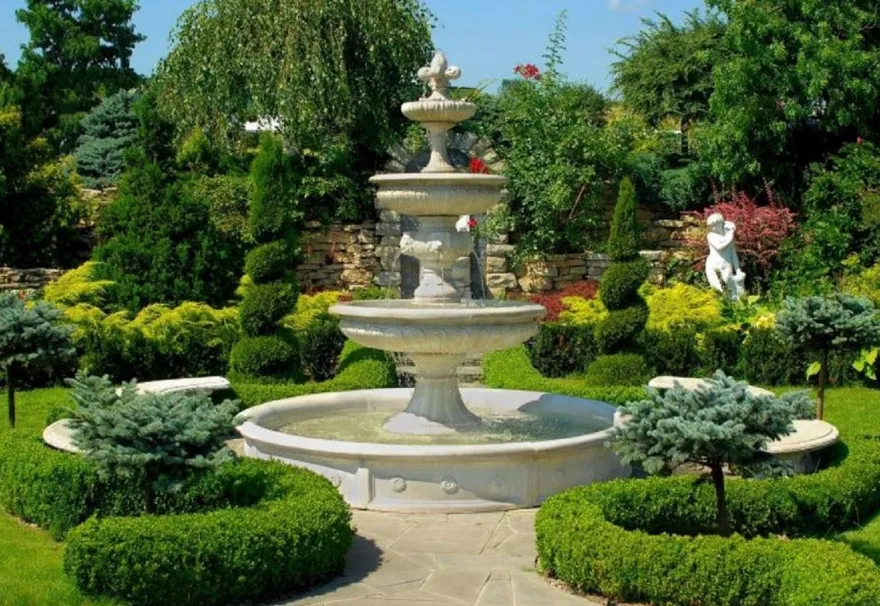 Casa Padrino Barock Springbrunnen Umrandung Weiß Ø 265 x H. 40 cm - Runde Gartenbrunnen Umrandung - Brunnen Umrandung - Prunkvolle Gartendeko im Barockstil