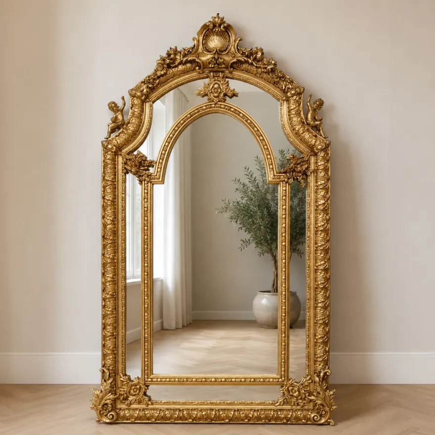 Casa Padrino Barock Standspiegel Gold 115 x H. 215 cm - mit Engelsfiguren - Handgefertigter Antik Stil Ganzkörperspiegel - Garderoben Spiegel - Schlafzimmer Spiegel - Barock Möbel