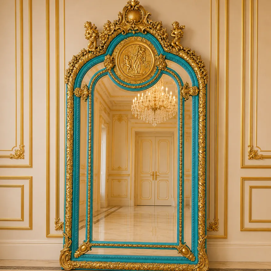Casa Padrino Barock Standspiegel Türkis / Gold 115 x H. 220 cm - mit Medaillon und Engeln - Handgefertigter Antik Stil Ganzkörperspiegel - Garderoben Spiegel - Schlafzimmer Spiegel - Barock Möbel