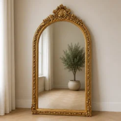 Casa Padrino Barock Standspiegel Gold 115 x H. 215 cm - mit Muschel Bekrönung - Handgefertigter Antik Stil Ganzkörperspiegel - Garderoben Spiegel - Schlafzimmer Spiegel - Barock Möbel