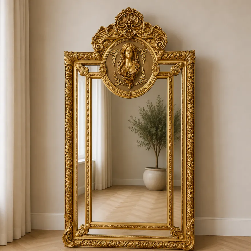 Casa Padrino Barock Standspiegel Gold 110 x H. 210 cm - mit Damen Relief - Handgefertigter Antik Stil Ganzkörperspiegel - Garderoben Spiegel - Schlafzimmer Spiegel - Barock Möbel
