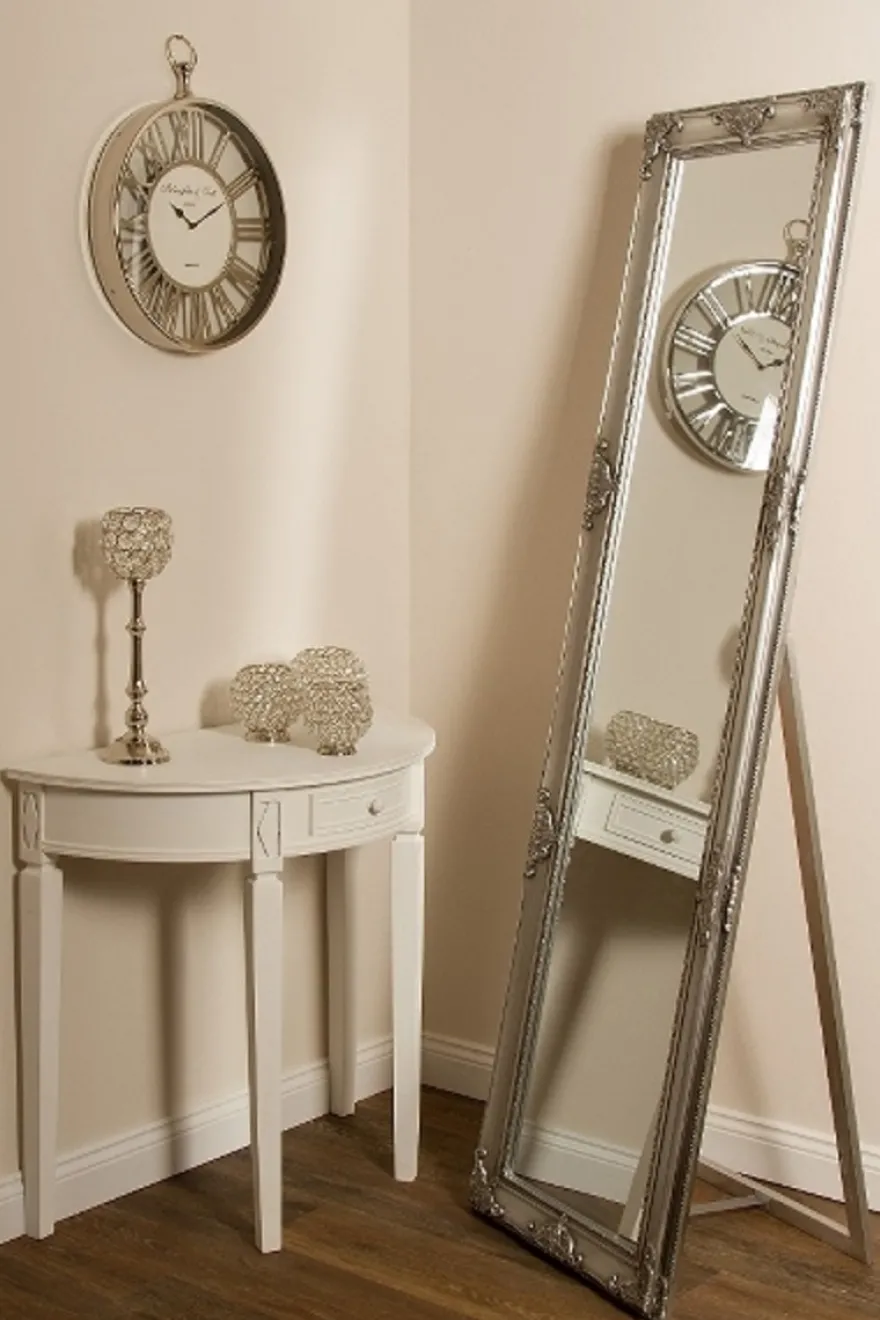 Casa Padrino Barock Standspiegel Silber 50 x H. 180 cm - Handgefertigter Spiegel mit Holzrahmen & wunderschönen Verzierungen