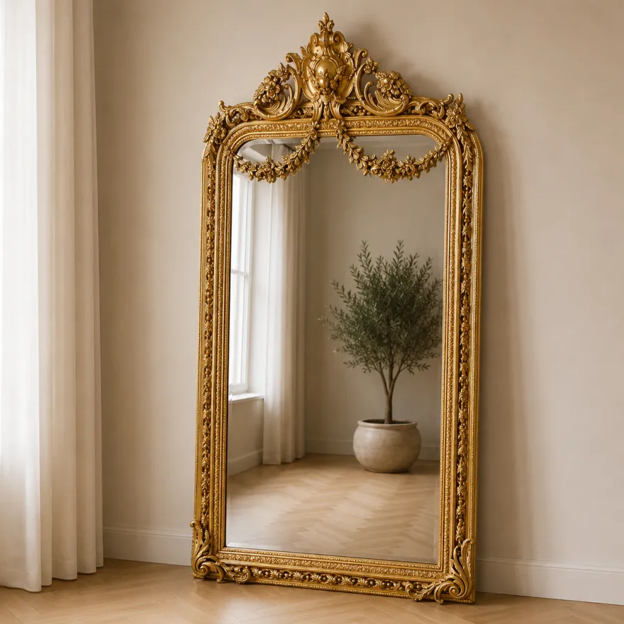 Casa Padrino Barock Standspiegel Gold 115 x H. 220 cm - mit Blumenkorb Bekrönung - Handgefertigter Antik Stil Ganzkörperspiegel - Garderoben Spiegel - Schlafzimmer Spiegel - Barock Möbel