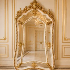 Casa Padrino Barock Standspiegel Creme / Gold 100 x H. 200 cm - mit Engelsfiguren - Handgefertigter Antik Stil Ganzkörperspiegel - Garderoben Spiegel - Schlafzimmer Spiegel - Barock Möbel