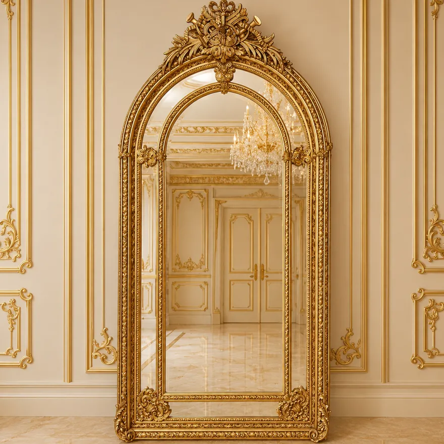 Casa Padrino Barock Standspiegel Gold 115 x H. 215 cm - mit Akanthus Schnitzerei und Schleifen Bekrönung - Handgefertigter Antik Stil Ganzkörperspiegel - Garderoben Spiegel - Schlafzimmer Spiegel - Barock Möbel